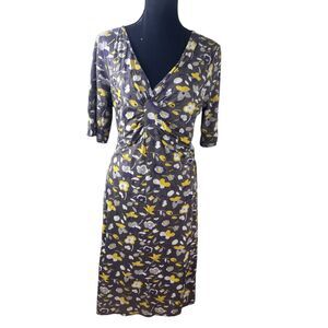 Boden 14L gray floral jersey midi v neck ruched front 1/4 sleeve dress career